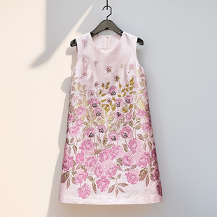 减龄淡粉~提花刺绣烫金重工钉珠镶钻a字裙高级感夏季轻奢背心裙