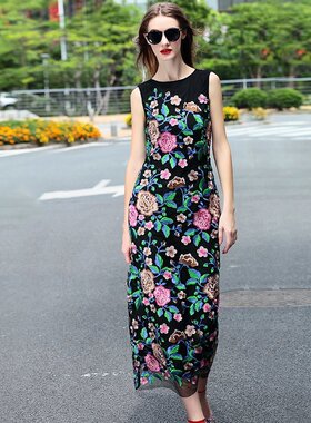 DIDA夏季新款欧美女装圆领无袖网纱刺绣修身长裙子时尚高腰连衣裙