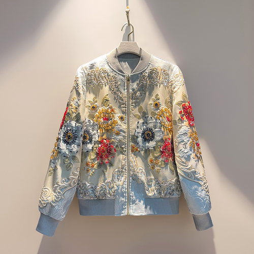 百搭时髦棒球服春秋新款女装提花立体浮雕花卉重工钉珠轻奢短外套