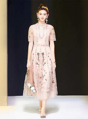 DIDA夏季新款女装网纱重工刺绣收腰显瘦大摆长裙礼服裙名媛连衣裙