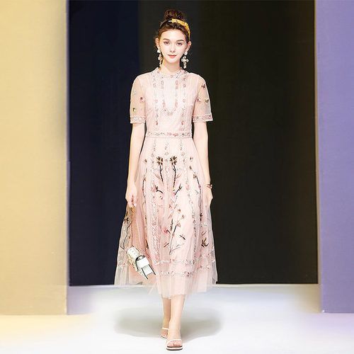 DIDA夏季新款女装网纱重工刺绣收腰显瘦大摆长裙礼服裙名媛连衣裙