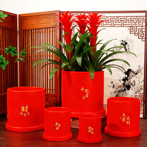 创意中国红乔迁喜庆陶瓷花盆托盘
