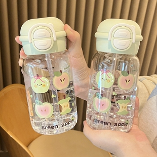 原创青苹果玻璃杯女新款高颜值泡茶杯小众吸管杯带刻度双饮水杯