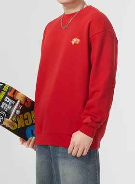 Adidas阿迪达斯男装卫衣春季新年款红色运动休闲圆领套头衫JE6108