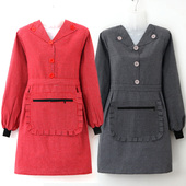 罩衣厨房做饭漂亮时尚 长袖 翻领围裙拉链兜棉布女士家用长袖 工作服