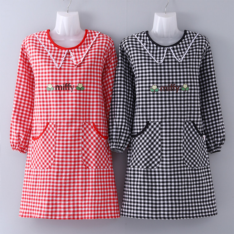 棉布长袖围裙家用厨房2021新款翻领方格罩衣女漂亮工作服全棉外套