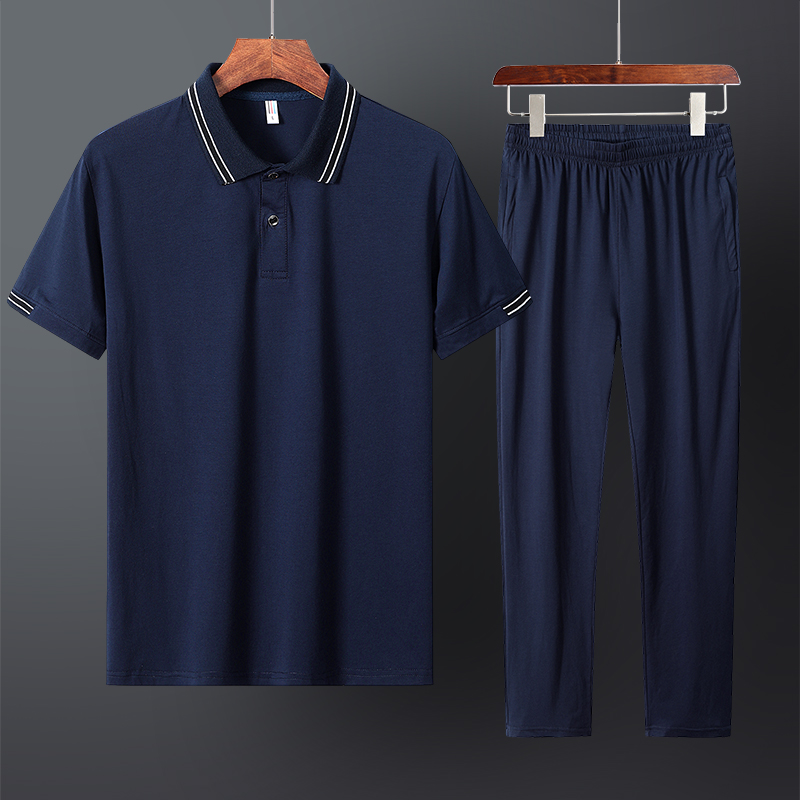 夏季中年纯棉短袖短裤套装男翻领POLO衫爸爸休闲运动跑步两三件套