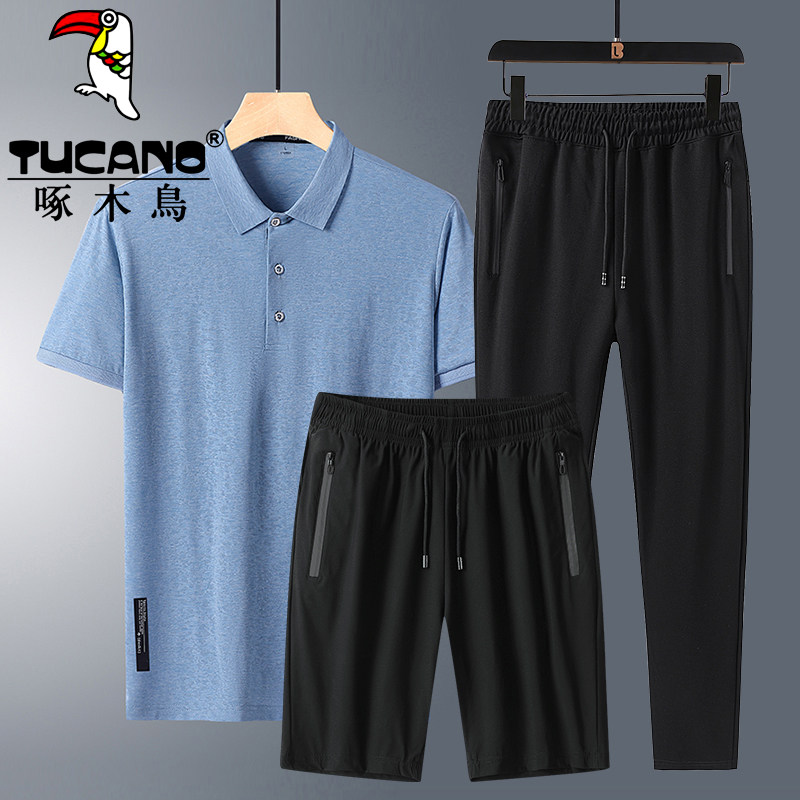 中年短袖t恤男套装爸爸夏季冰丝速干polo衫休闲运动短裤三件套