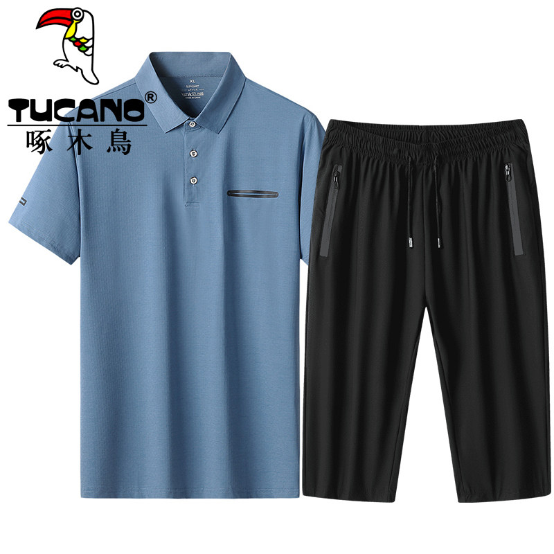 夏季中年短袖男套装爸爸冰丝速干t恤polo衫运动短裤七分裤两件套