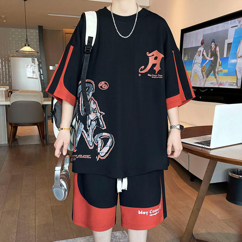 冰丝薄款撞色运动套装男士夏新款