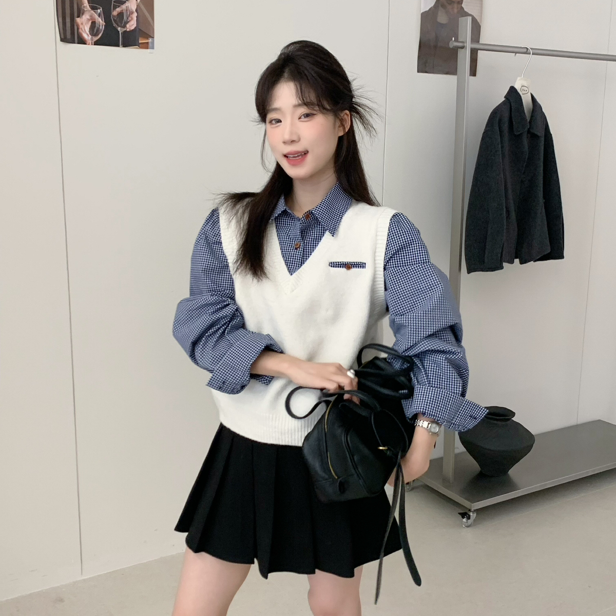 SUSAN设计师款miu系时髦学院风刺绣拼接假两件百搭针织衫MW360
