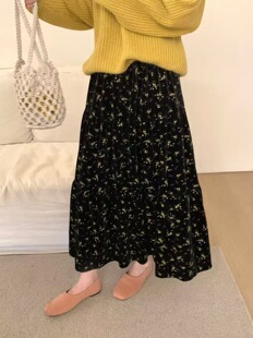 韩系复古碎花半身裙女秋冬新款高腰显瘦中长款a字包臀裙子
