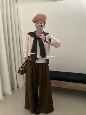 egg韩国减龄学院风设计感条纹撞色披肩针织开衫假两件