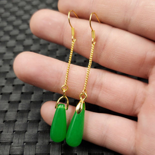结缘珠宝碧绿色水滴耳环石英岩玉水滴耳坠玉石耳环玉耳坠耳饰