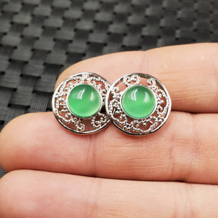 玉石耳钉冰种绿玉髓圆形耳钉碧绿色玛瑙玉髓耳钉玉耳钉玉耳坠耳饰