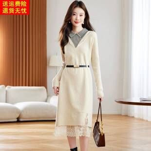 蕾丝边拼接假两件针织连衣裙秋冬衬衫领收腰显瘦中长款毛衣裙过膝