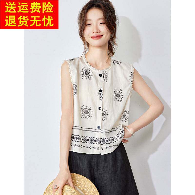 民族风印花无袖背心女夏外穿2026新款宽松显瘦洋派减龄蕾丝边上衣