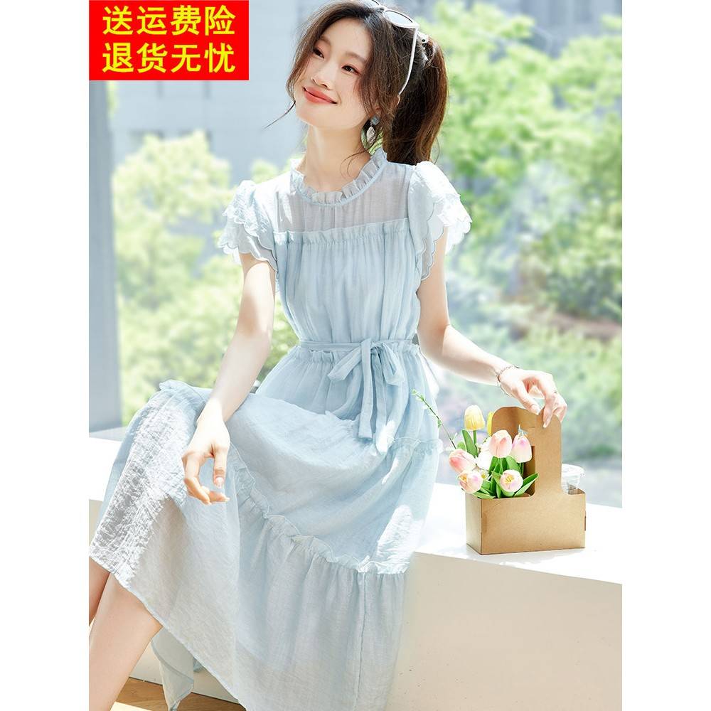 法式木耳边雪纺连衣裙女2025新款夏季小众不撞款系带收腰显瘦裙子