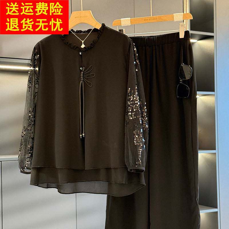 时尚洋派妈妈装雪纺套装女2025夏装新款上衣减龄气质中老年两件套