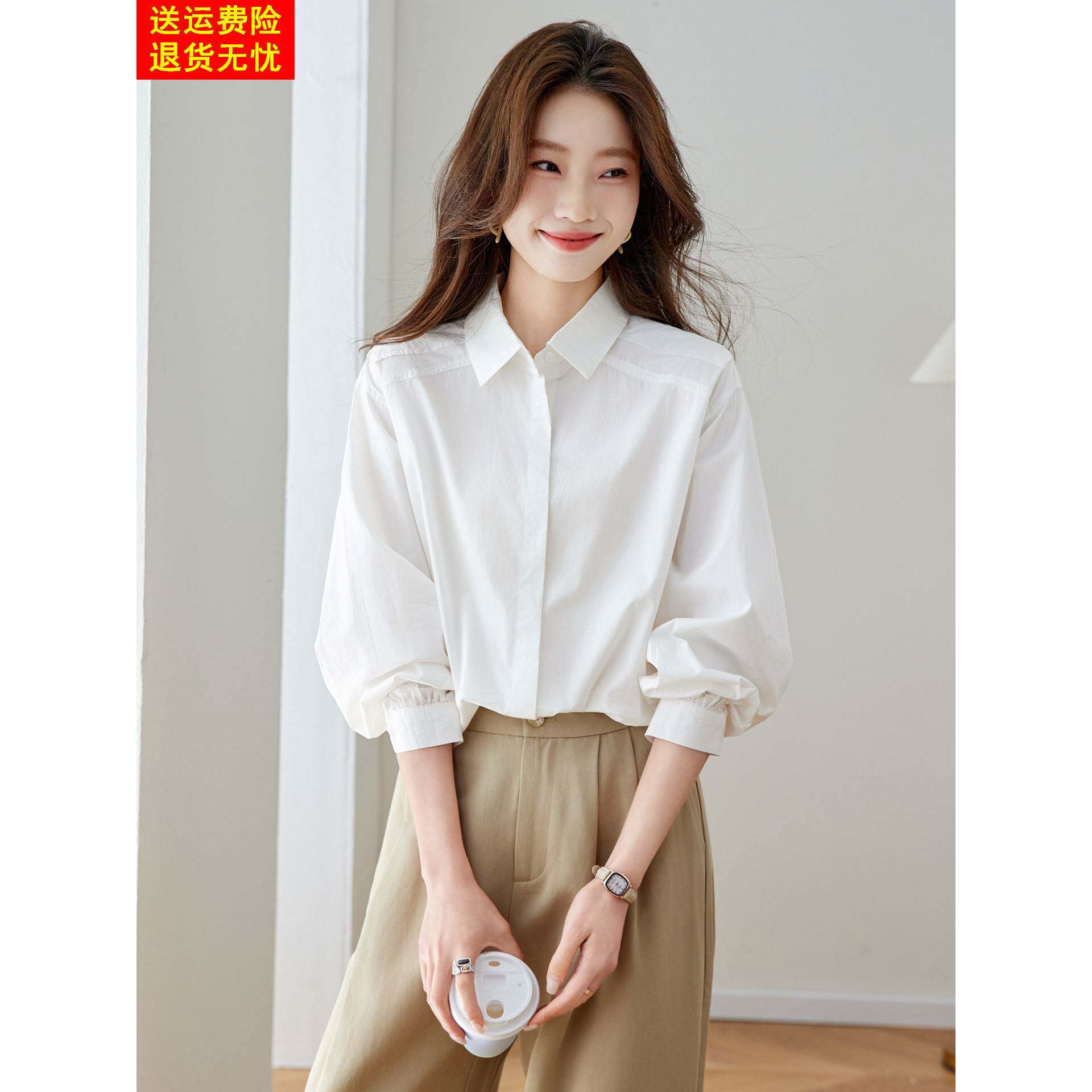 纯棉白色长袖衬衫女春装时尚休闲上衣超火减龄宽松百搭高级感衬衣