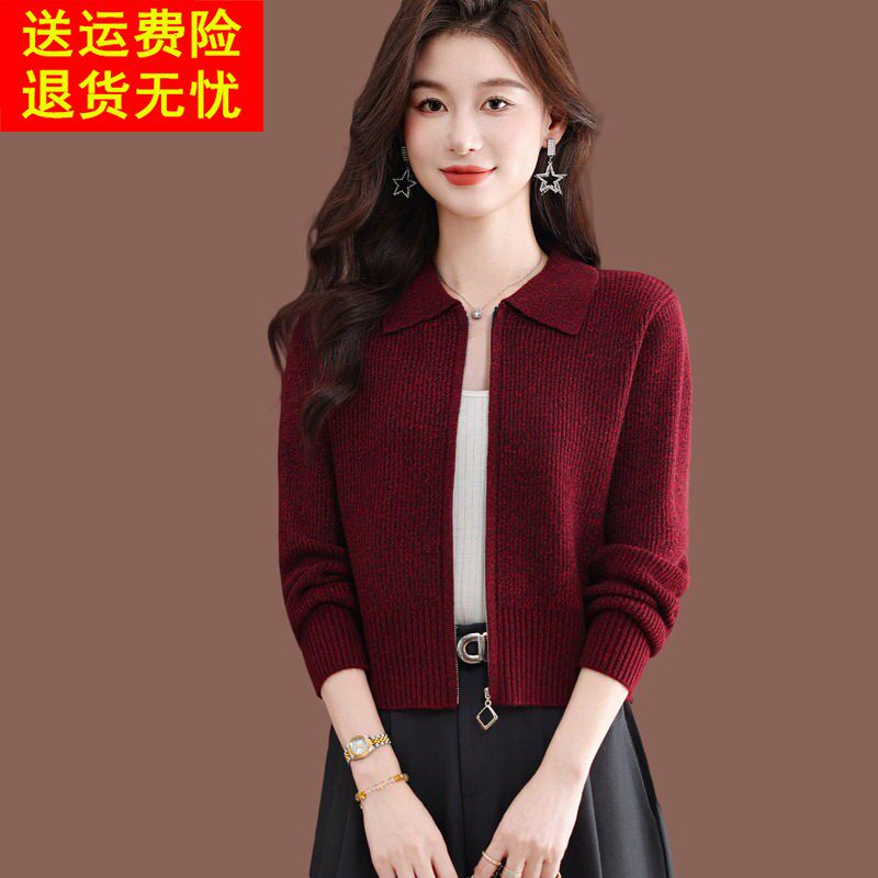 翻领毛衣外套女秋冬气质高腰小短款红色上衣配裙外搭羊毛针织开衫