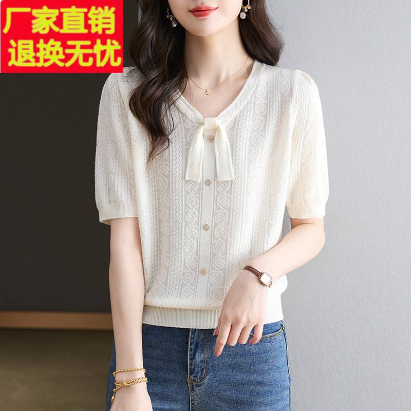 v领蝴蝶结短袖t恤女2025夏季新款洋气正肩针织衫体恤显瘦遮肉上衣