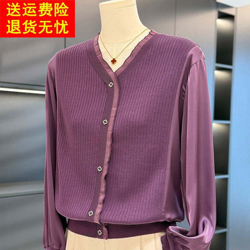 时尚休闲雪纺拼接针织衫女妈妈装春装新款减龄气质中年妇女打底衫