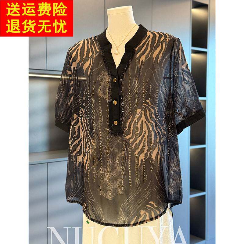 时尚洋派妈妈装雪纺衬衫女短袖夏装新款上衣减龄气质中老年人衬衫