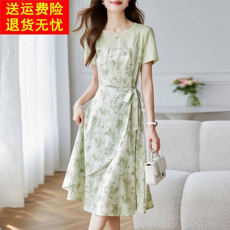 女装2025夏季新款碎花洋装女假两件气质收腰高级感小清新长裙子