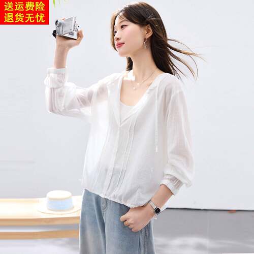 白色连帽防晒衣女夏季短款外套宽松时尚开衫上衣透气轻薄防晒外搭