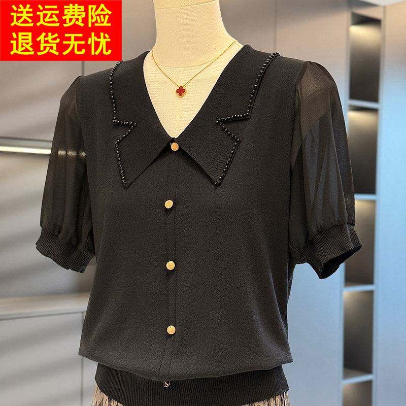 时尚气质雪纺拼接针织衫女年轻妈妈装夏装新款上衣减龄中年人T恤