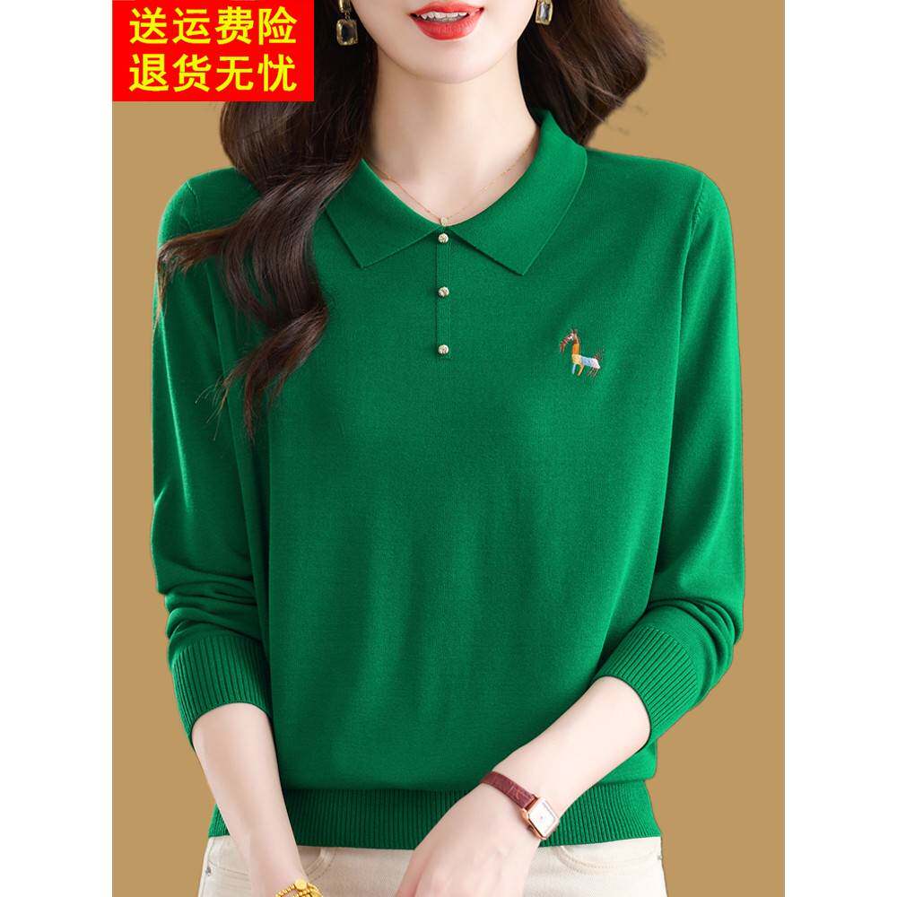 新品哥弟长袖t恤女春秋新款翻领针织上衣时尚减龄polo领打底衫薄