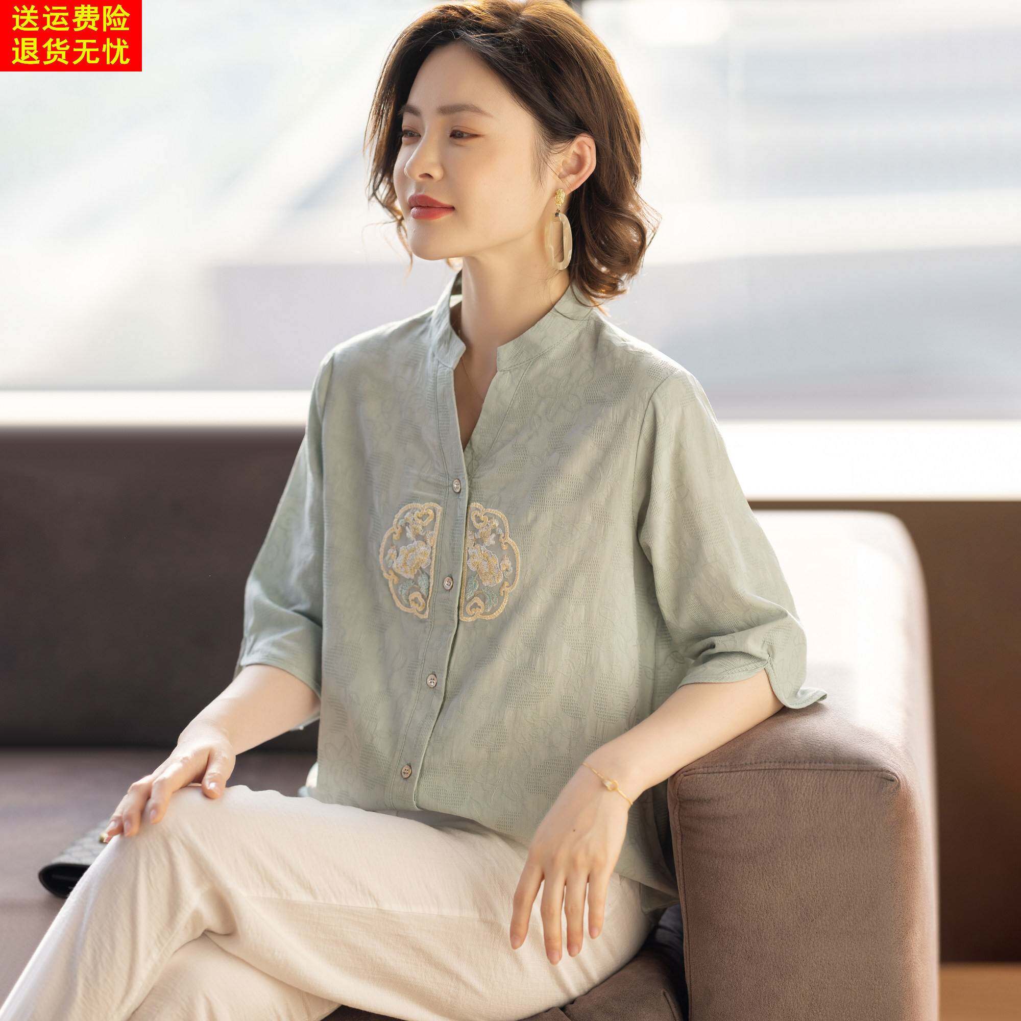 中老年人夏装女妈妈衬衫短袖新中式国风上衣服洋派质高贵2025新款