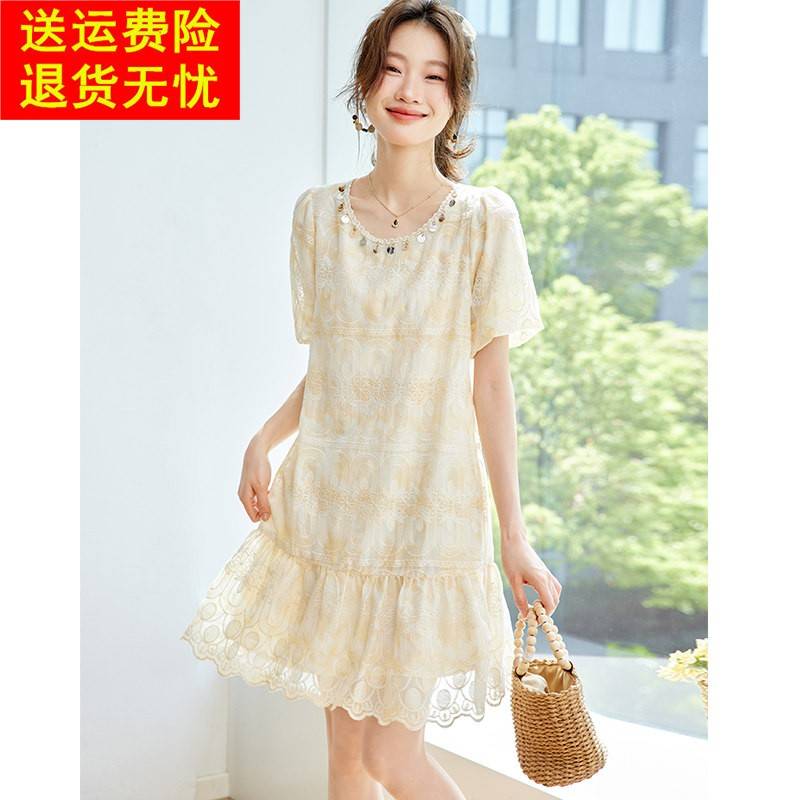 法式刺绣雪纺洋装女2025新款夏季小个子宽松显瘦减龄泡泡袖裙子