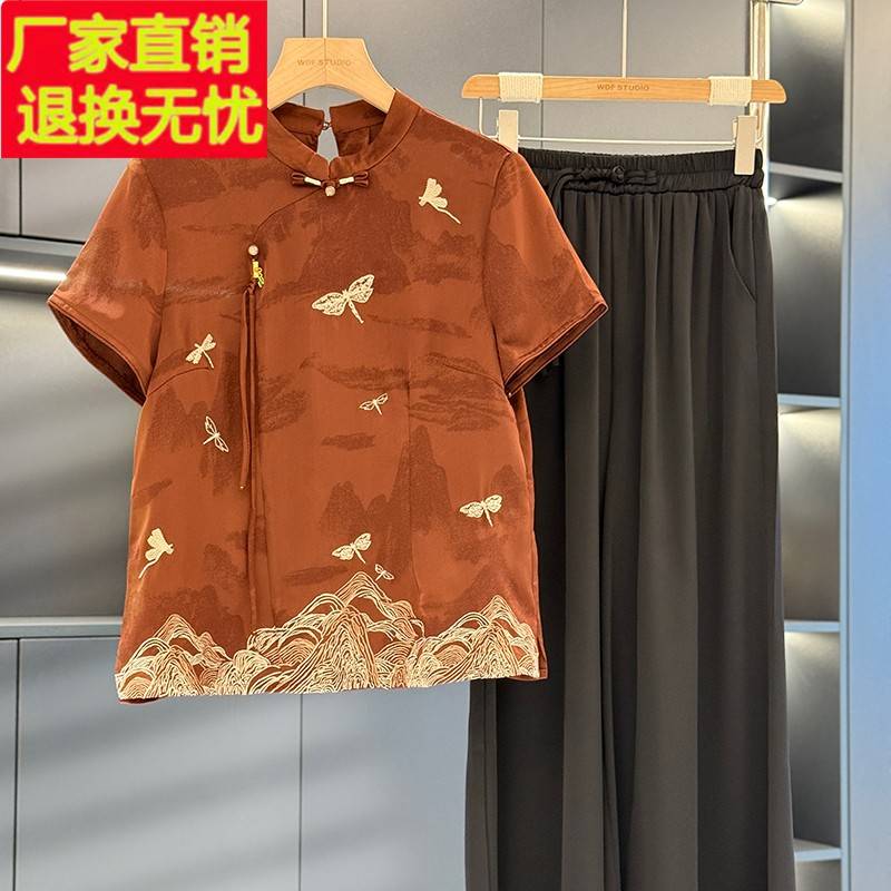 新中式国风妈妈装雪纺套装女短袖夏装新款洋气中老年阔腿裤两件套