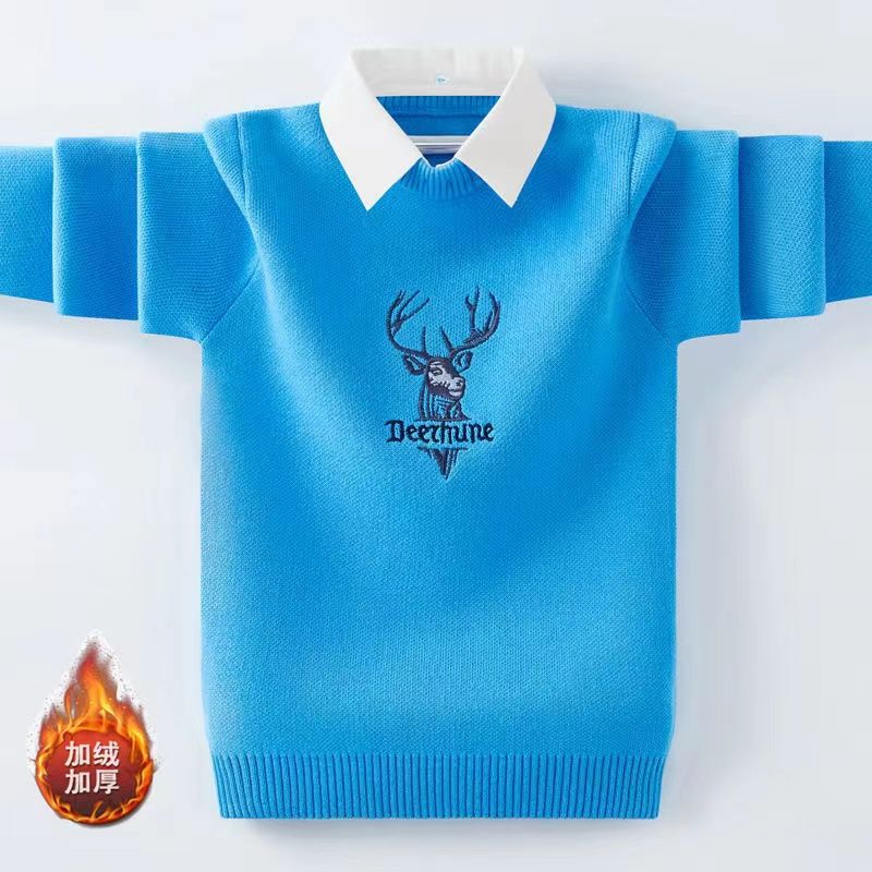 男童毛衣假两件加绒加厚衬衣领套头针织秋冬新款中大童圆领打底衫