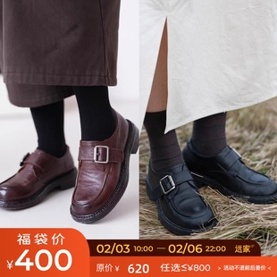 远家经典款 进口水洗牛皮乐福鞋 复古擦色真皮女鞋粗跟皮鞋W-811