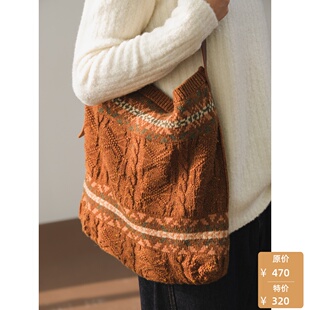 【特价】远家提花针织包牛皮肩带单肩斜挎休闲复古冬新H-202限量