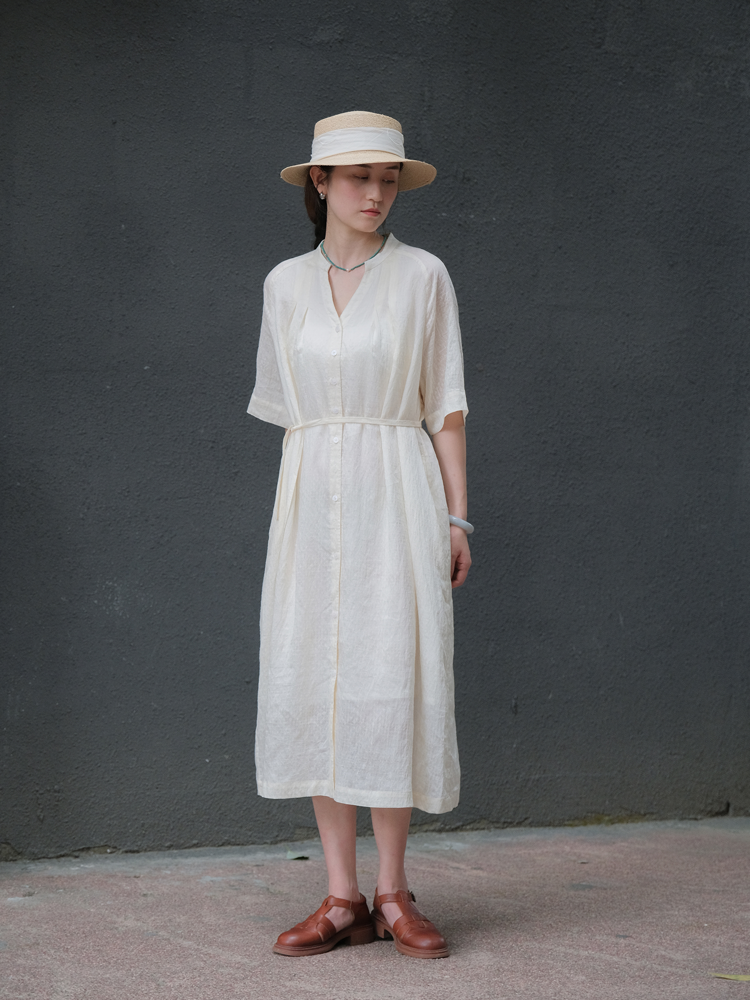 远家亚麻天丝V领连肩袖连衣裙