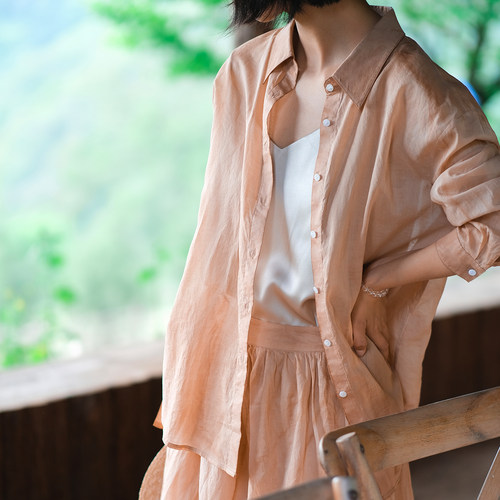 远家纯棉23植物染柿子染衬衫套裙