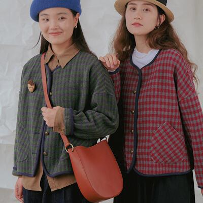 远家毛呢复古格子圆领短外套