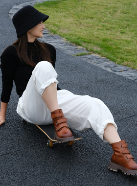 【特价】远家头层全粒面牛皮靴子魔术贴圆头加绒马丁靴秋W-452限