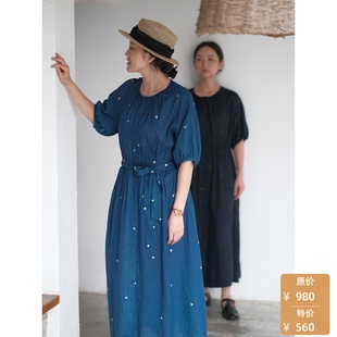【特价】远家草木染蓝染蜡画连衣裙波点圆领衬衫长裙LL2626限