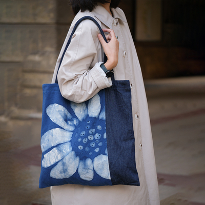 远家蓝染蜡画向日葵花朵托特包