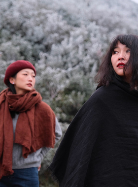 远家纯亚麻大披肩围巾保暖百搭流苏方形防风纯色围脖冬LT-010限量