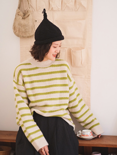 远家绵羊毛浣熊绒半高领绿色条纹毛衣厚实保暖休闲宽松春Y-255限