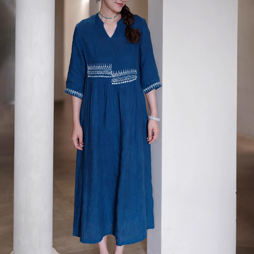 远家纯亚麻蓝染蜡画中袖连衣裙