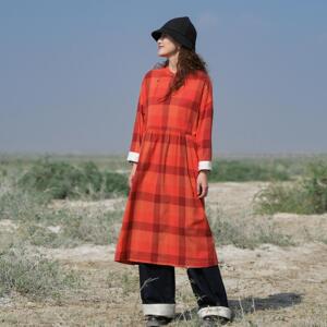 远家纯棉复古格子新中式改良斜襟旗袍连衣裙袖口撞色贴布HL5211限