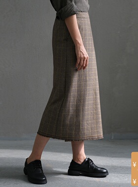 【特价】远家原创女装细格子半身裙格纹A字裙毛边复古秋HF1008限