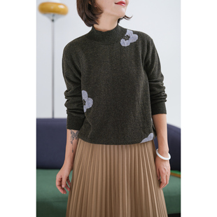 167 秋新F 远家原创花朵牦牛绒羊毛毛衣 宽松针织半高领百搭上衣